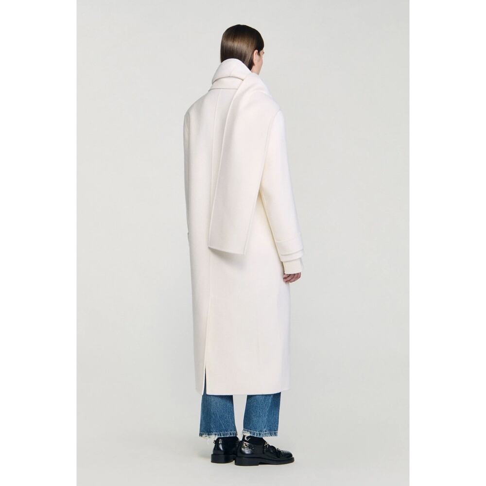Sandro Womens Wrap Scarf Collar Long Overcoat 42 White - Picture 4 of 15